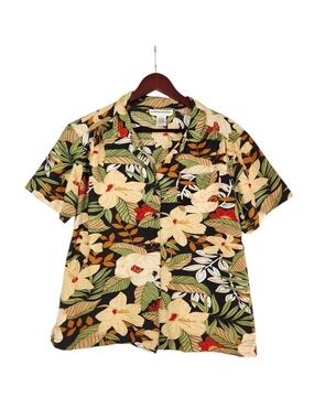 Cathy Daniels Tropical Floral Blouse Large Hawaiian Resort Wear Button Front